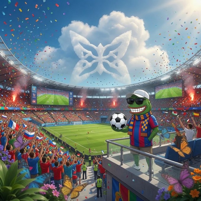 The image features a cartoon character wearing a scarf with a soccer ball, standing on top of a building or balcony overlooking a soccer stadium filled with fans. The character appears to be waving at the crowd below. In the background, there are many people watching the game and enjoying the atmosphere. The scene is set against a backdrop of colorful confetti, creating a festive and lively environment for both the players and spectators.