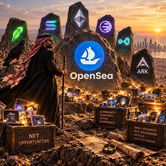 An AI-generated promotional image for OpenSea NFT marketplace showing a man in traditional Arab dress standing among stone monoliths displaying various cryptocurrency logos (Ethereum, Solana, etc.), with crates labeled 'NFT OPPORTUNITIES' and 'COMMUNITY RESEARCH ALPHA EXPERIENCE'.