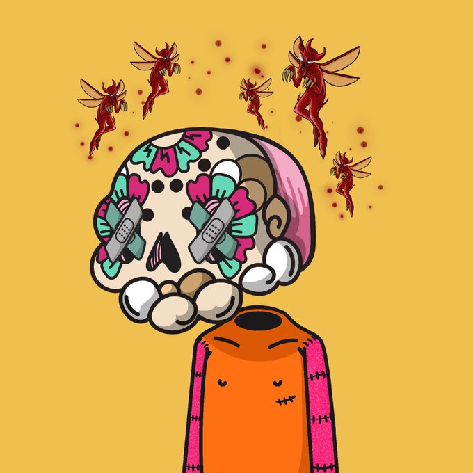 Colorful digital artwork on a yellow background depicting a decorated skull with band-aids and butterflies above a stitched orange creature, in a vibrant Day of the Dead-inspired style.
