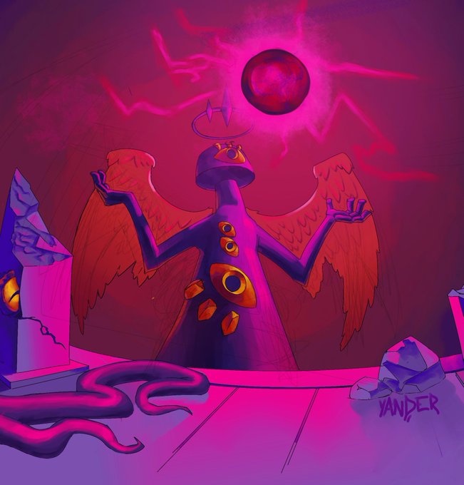 The image features a cartoon illustration of an angel with wings, holding a red ball above its head. The background includes purple and pink colors, as well as some rocks and other elements that contribute to the overall scene. The caption provided after the image reads "Axie Art Spotlight: @yand_r67121 Something lurks in the shadows...". This suggests that there might be an interesting or mysterious element present within the illustration, which could be related to the post's title or the artist behind it.

The main focus of the image is the angel and its interaction with the red ball, creating a visually appealing scene. The use of vibrant colors adds depth and dimension to the artwork, making it an eye-catching piece that captures viewers' attention.