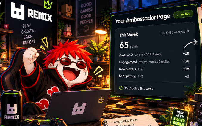 REMIX gaming platform 'Your Ambassador Page' showing 65 points earned this week (Oct 2 - Oct 9) from posts, engagement, and new players, with an excited anime character at a laptop and slogans 'PLAY CREATE EARN REPEAT' and 'GOOD GAMES GOOD PEOPLE'.