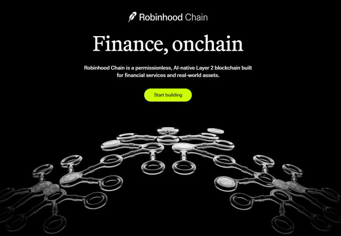 Promotional landing page for 'Robinhood Chain' with the tagline 'Finance, onchain' and a yellow 'Start building' button, describing it as a permissionless, AI-native Layer 2 blockchain.