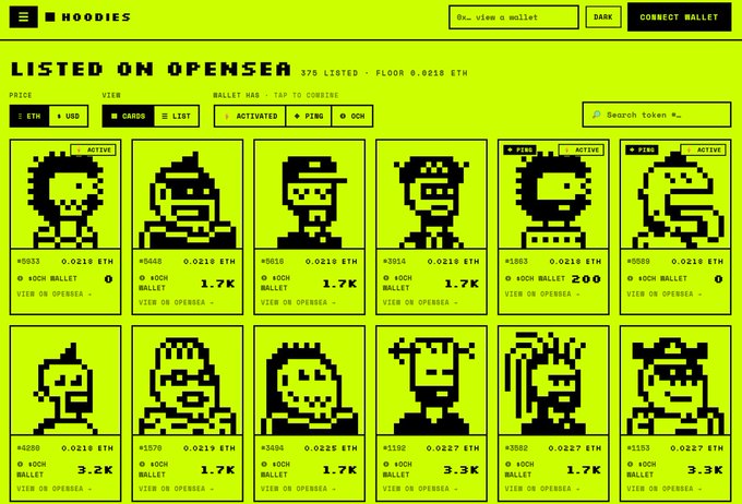 A neon green NFT marketplace interface titled 'HOODIES' lists 370 items on OpenSea at 0.0218 ETH floor price, displaying pixel-art character hoodies.