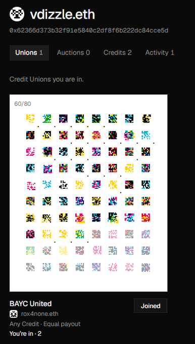 Profile page for 'vdizzle.eth' showing credit unions, with a 'BAYC United' union by 'rox4none.eth' displaying a 60/80 grid of pixel art characters.
