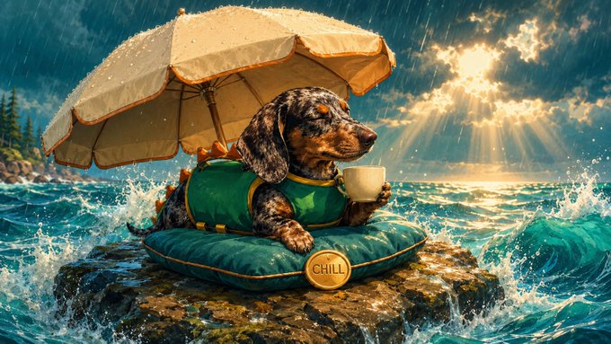 A dachshund wearing a green life vest relaxes on a floating cushion in turbulent ocean waters, holding a white cup under an umbrella with sunlight breaking through storm clouds.