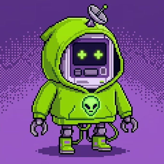 A pixel art illustration of a green robot or alien character wearing a hoodie with a skull/alien emblem, featuring glowing green plus-sign eyes and an antenna, set against a purple halftone background.