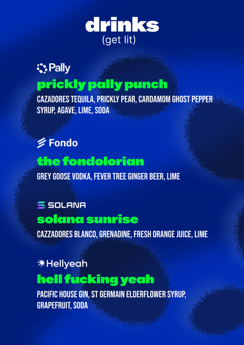 A blue drinks menu titled 'drinks (get lit)' listing cocktails like 'prickly pally punch' (Cazadores Tequila, prickly pear), 'the fondolarian' (Grey Goose Vodka, ginger beer), 'solana sunrise,' and 'hell fucking yeah.'