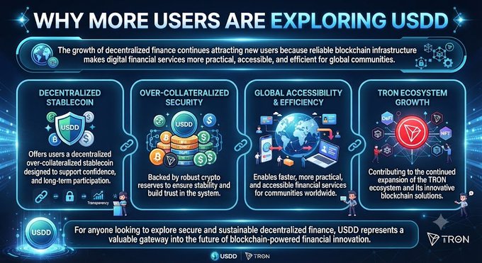 Infographic titled 'WHY MORE USERS ARE EXPLORING USDD' detailing the benefits of the USDD stablecoin within the TRON ecosystem, highlighting its over-collateralized security and global accessibility.