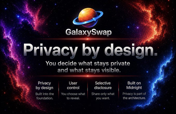 A promotional graphic for 'GalaxySwap' featuring a ringed planet logo and the tagline 'Privacy by design. You decide what stays private and what stays visible,' built on Midnight.