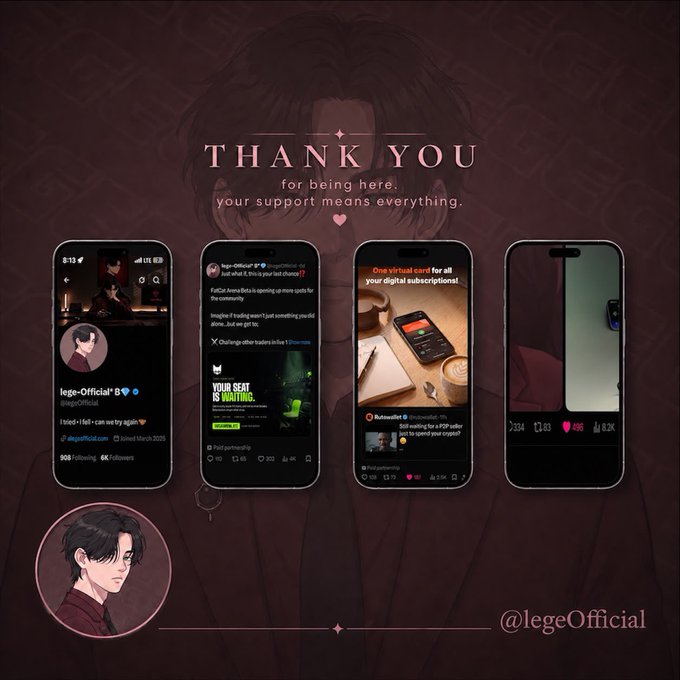 A "Thank You" graphic from @legeOfficial features four phone screens displaying his profile, posts, and digital card content against a dark red background with an illustrated portrait, serving as a heartfelt appreciation post for his supporters.