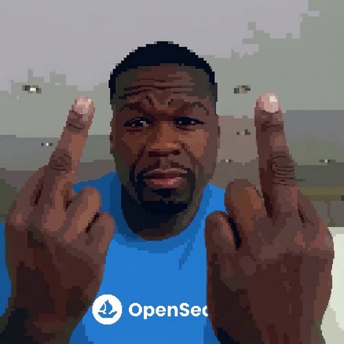 A man wearing a blue shirt raises both middle fingers toward the camera, with an "OpenSea" logo (a sailboat icon with the text "OpenSea") overlaid at the bottom of the image. The meme-style image humorously conveys a defiant or sarcastic tone, seemingly in response to or commentary on the announcement of a partnership and upcoming "Blue tick" verification with OpenSea.