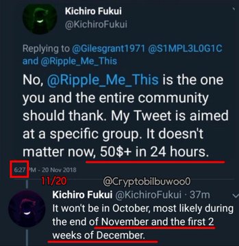 A Twitter/X reply from Kichiro Fukui (@KichiroFukui) addressed to @Ripple_Me_This states that the community should be thankful, with the tweet receiving "627" likes and reaching "50$+ in 24 hours," followed by another reply mentioning that most activity will occur during "the end of November and the first 2 weeks of December." The exchange supports the accompanying post's claim that "$50 is confirmed," referencing the rapid 24-hour price movement highlighted in red within the image.