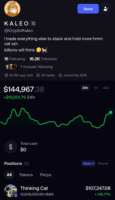 A screenshot of crypto influencer @CryptoKaleo's portfolio showing $144,967.38 in total holdings, with a $107,247.08 position in "Thinking Cat" ($HMM) up 316.71%—illustrating the conviction the post praises.