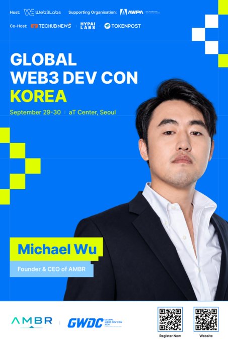 A promotional poster for the Global Web3 Dev Con Korea (GWDC 2026 Korea), held September 29-30 at T Center in Seoul, featuring speaker Michael Wu, Founder & CEO of AMBR, hosted by Web3Labs with co-hosts Techub News, HypeLab, and TokenPost, displaying QR codes for registration and the website.