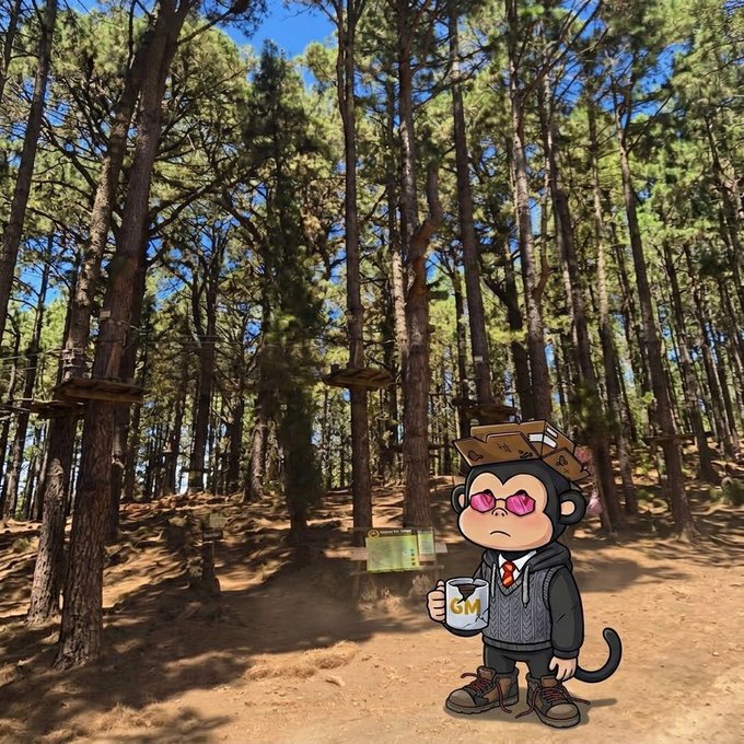 An animated monkey character wearing pink sunglasses, a sweater, and brown boots holds a 'GM' coffee mug and a small briefcase, standing in a pine forest with wooden platforms built around the trees.