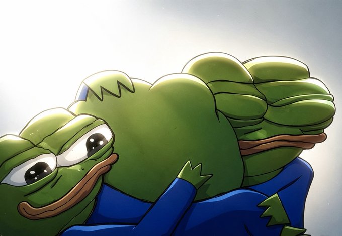 Anime-style illustration of a muscular green frog character wearing a blue outfit, flexing with large eyes and a brown mouth.