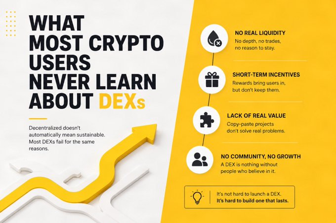 An infographic titled 'WHAT MOST CRYPTO USERS NEVER LEARN ABOUT DEXs' with the subtitle 'Decentralized doesn't automatically mean sustainable,' listing issues like 'NO REAL LIQUIDITY,' 'SHORT-TERM INCENTIVES,' 'LACK OF REAL VALUE,' and 'NO COMMUNITY, NO GROWTH.'