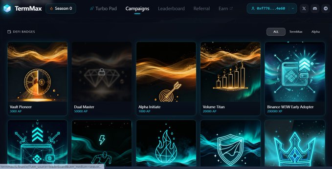 A screenshot of the TermMax Season 0 Campaigns page displaying various DeFi badges such as Vault Pioneer, Dual Master, Alpha Initiate, and Volume Titan, each with point requirements.