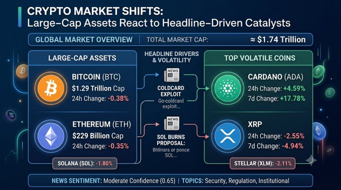 A 'CRYPTO MARKET SHIFTS' infographic showing Bitcoin at $1.29 Trillion cap (-0.38%), Ethereum at $229 Billion cap (-0.35%), Solana -1.80%, with headline drivers Coldcard Exploit and SOL Burns Proposal affecting Cardano (+4.59%) and XRP (-2.55%).