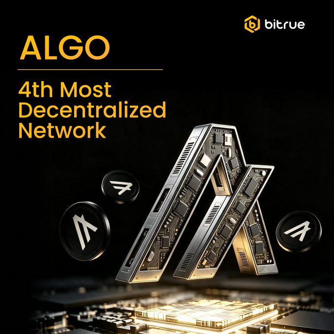 The image, branded by Bitrue, features a futuristic 3D rendering of the ALGO logo alongside floating ALGO coins set against a dark, tech-inspired circuit board background. Bold text reads "ALGO - 4th Most Decentralized Network," highlighting the cryptocurrency's rise in decentralization rankings.