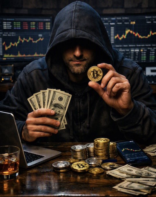 A hooded figure sits at a desk surrounded by cash, gold coins, and a physical Bitcoin, with candlestick charts and a phone displaying ticker data in the background, visually capturing the speculative "early play" energy of the $DEALER pump announcement tied to rumored influencer $ANSEM involvement.