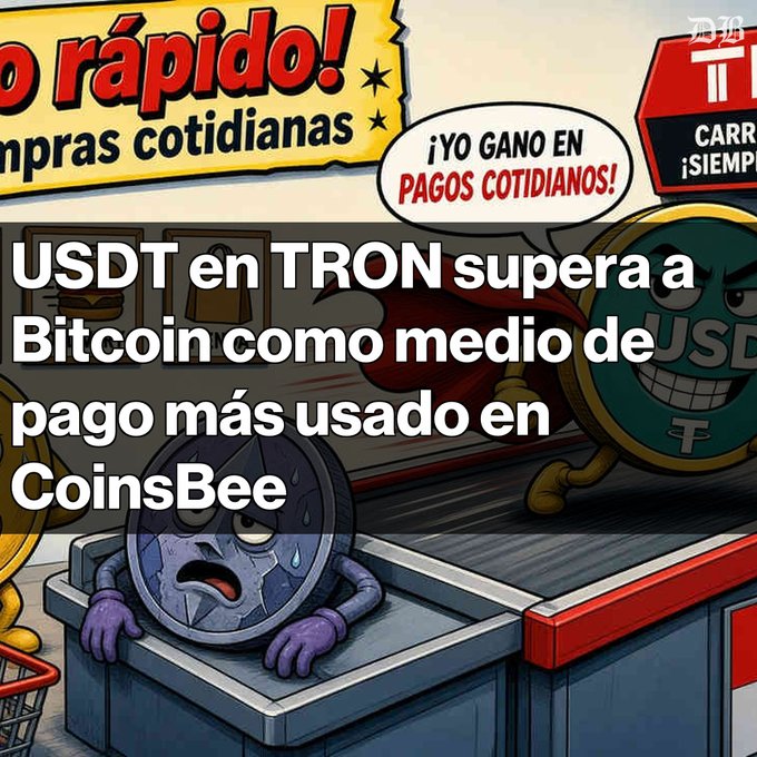 A comic illustration shows a sweating Bitcoin coin character at a checkout counter, with a triumphant USDT coin in the background. Text reads: '¡rápido! mpras cotidianas', '¡YO GANO EN PAGOS COTIDIANOS!', 'CARR ¡SIEMP', and 'USDT en TRON supera a Bitcoin como medio de pago más usado en CoinsBee'.