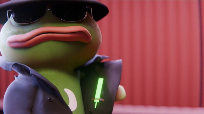 A close-up of a green Pepe the Frog figurine wearing sunglasses, a black hat, and a trench coat, with a glowing green lightsaber visible on its chest against a red curtain backdrop.