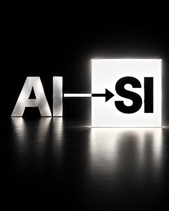 The image shows a metallic 'AI' on the left with an arrow pointing to an illuminated cube displaying 'SI' on a reflective black surface, illustrating a transformation from AI to SI.