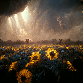 A dramatic, painterly landscape featuring a field of bright yellow sunflowers under a turbulent, stormy sky with sunrays breaking through dark clouds.