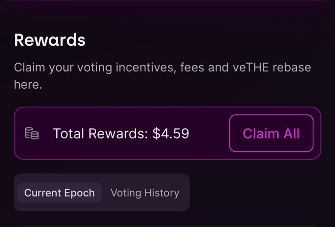 A dark-themed 'Rewards' interface displaying 'Total Rewards: $4.59' with a pink 'Claim All' button and tabs for 'Current Epoch' and 'Voting History'.