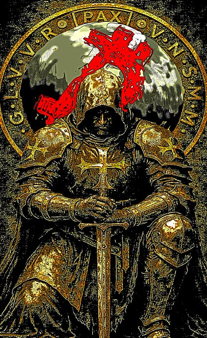 A dark fantasy illustration shows a hooded knight in ornate gold and black armor holding a sword, with red script and the text 'PAX ROMANA' in a circular border above.