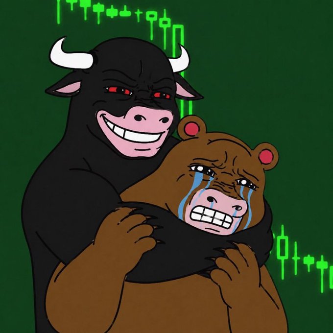 A cartoon illustration of a menacing black bull with red eyes hugging a crying brown bear, set against a green background with candlestick patterns.