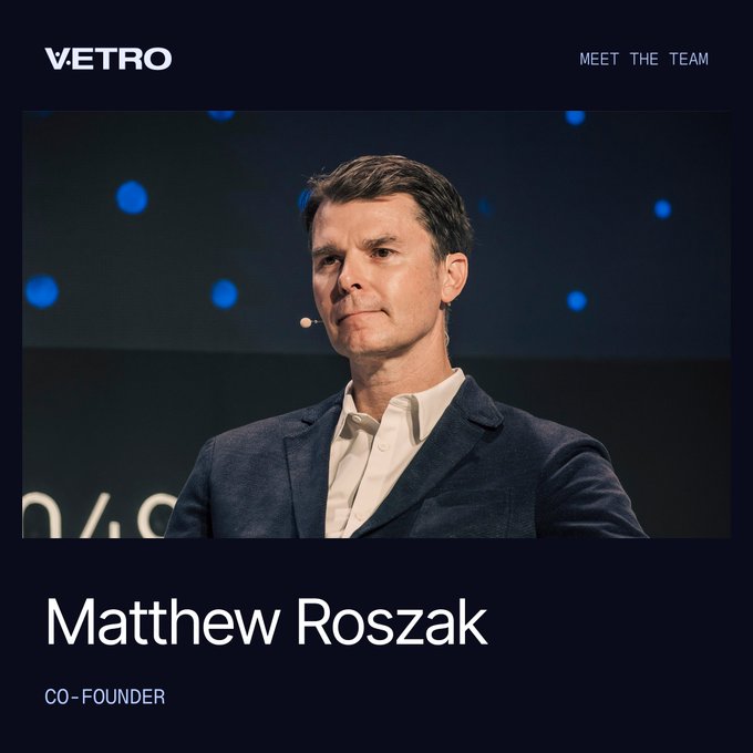 A profile image of Matthew Roszak, Co-Founder of Vetro, with the text 'MEET THE TEAM' in the upper right.