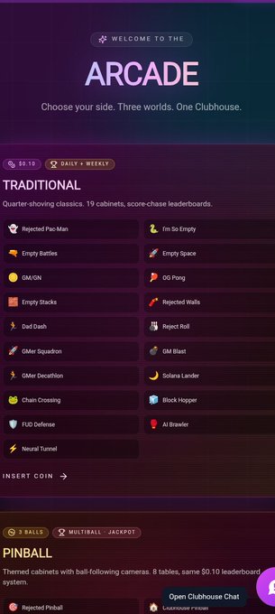 A screenshot of an online gaming site called 'ARCADE' lists 'TRADITIONAL' games like Rejected Pac-Man, Empty Stacks, and AI Brawler, with options to pay $10 weekly.
