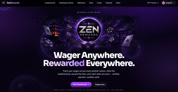 The ZenRewards website homepage featuring the tagline 'Wager Anywhere. Rewarded Everywhere.' with a purple and dark casino-themed design.