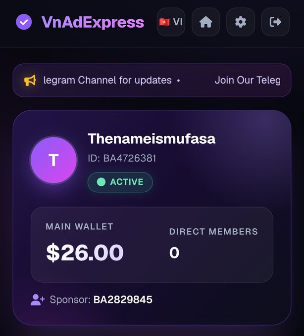 A VnAdExpress dashboard screen showing a user profile 'Thenameismufasa' (ID: BA4726381) marked ACTIVE, with a main wallet balance of $26.00 and 0 direct members.