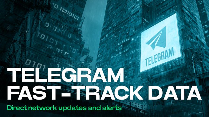 The image features a city skyline with tall buildings, including one that has a "TELEGRAM" sign on top of it. The text overlaying the image reads "TELEGRAM FAST-TRACK DATA". Below this, there is a list of updates and alerts related to the fast-track data service provided by TELEGRAM.