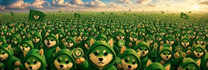 An endless army of green-hooded Shiba Inu mascots holding $WOOF flags stretches across a misty horizon, visually reinforcing the post's message that the token's credibility comes from its on-chain transparency rather than blind faith. The sheer scale of identical, uniform supporters symbolizes a community built on verifiable ledger data instead of hype.