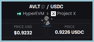 A trading interface displays AVLT/USDC trading on HyperEVM via Project X, showing a current price of $0.9232 USD or 0.9226 USDC. This aligns with the post celebrating a successful bottom-fishing trade of $AVLT, highlighting the substantial ROI gains referenced in the achievement.
