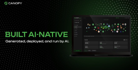 The image is a promotional graphic for Canopy, featuring the text "BUILT AI-NATIVE - Generated, deployed, and run by AI" alongside a laptop displaying the Canopy blockchain platform interface with colorful node connections. The post highlights Canopy (CNPY) as an AI-native blockchain infrastructure that empowers builders to launch and control their own chains, aligning with the image's emphasis on AI-driven blockchain technology.