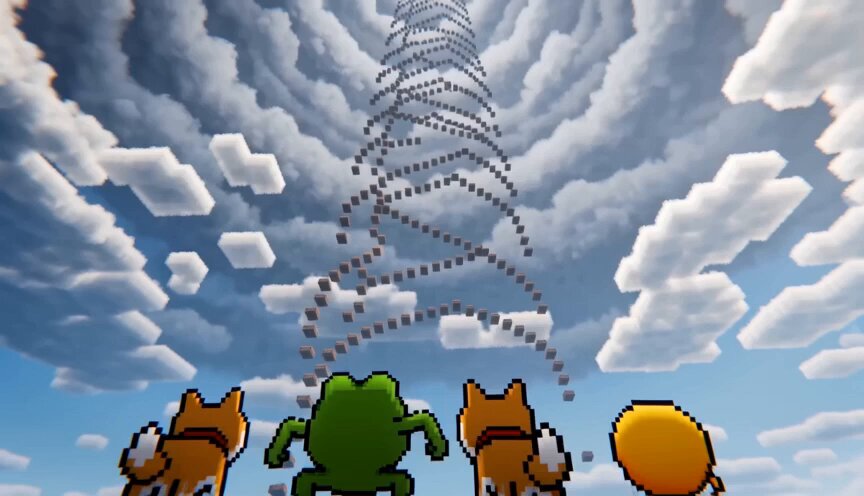 The image features a group of four cartoon characters, including a frog and two dogs, standing together under a large tower with a spiral staircase. The characters are positioned at different heights from one another, creating an interesting visual dynamic. Above them, there is a sky filled with clouds, adding to the overall atmosphere of the scene. The image also includes text that reads "Today we'r introducing WAGMI RUSH". This suggests that the image might be related to a video game or streaming platform featuring this particular game or series.