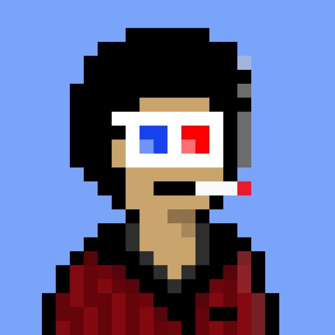 A pixel art portrait of a person with dark hair wearing 3D glasses with blue and red lenses and a red jacket against a blue background.