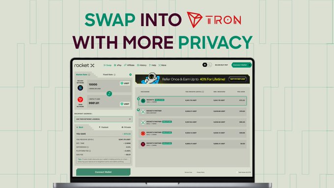 An advertisement showing a laptop displaying the 'rocketx' exchange platform interface, with the headline 'SWAP INTO TRON WITH MORE PRIVACY' at the top in teal and dark green text.