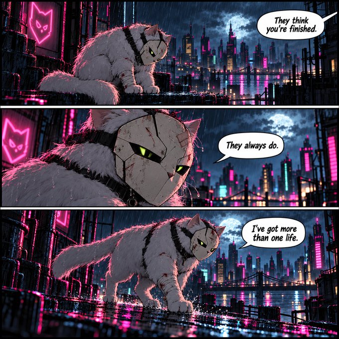 A three-panel cyberpunk-style comic strip featuring a battered white cat wearing a mask, with dialogue bubbles reading 'They think you're finished.', 'They always do.', and 'I've got more than one life.' against a neon cityscape.