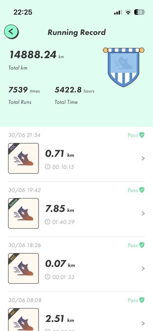 A STEPN Running Record app screen showing total stats of 14888.24 km, 7539 total runs, and 5422.8 hours, with a list of individual run entries all marked as 'Pass'.