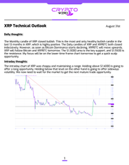 A newsletter titled 'XRP Technical Outlook' dated August 2nd discussing Ripple's monthly candlestick price action, mentioning a range trade and support/resistance levels, accompanied by a price chart.