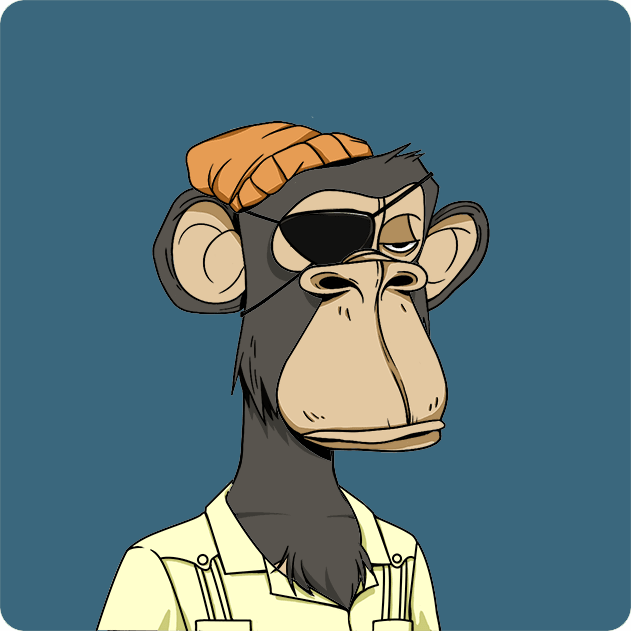 Cartoon illustration of a serious-looking chimpanzee wearing an orange beanie, an eyepatch over its right eye, and a light yellow shirt, set against a plain blue background.