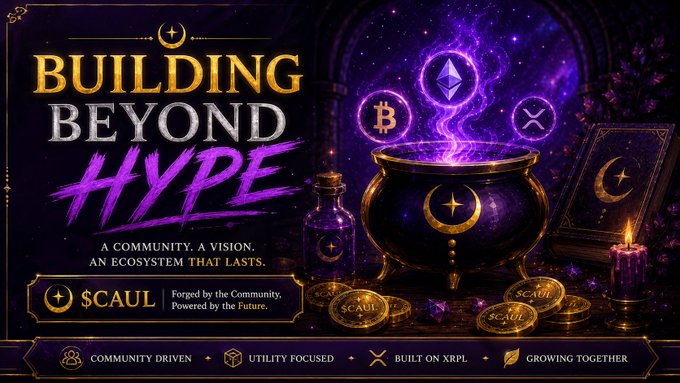 The image features a poster for a cryptocurrency called @CauldronToken. The poster has a purple background with gold text that reads "Building Beyond Hype" and "A community, a vision, an ecosystem that lasts." Below this, there are illustrations of a cauldron filled with coins and a candle on the table. The post also mentions that some tokens focus on hype while others focus on building.