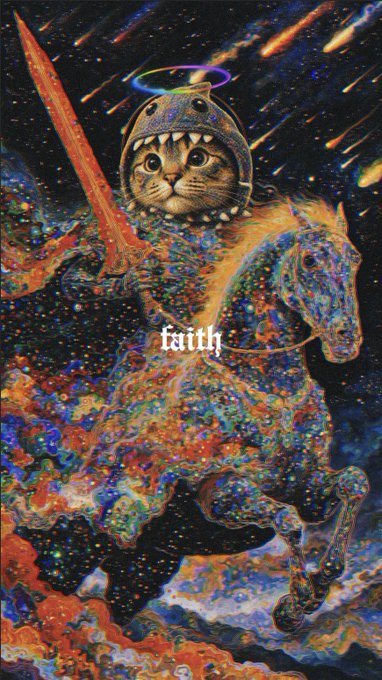 A vibrant, psychedelic digital artwork of a cat-headed figure in a shark hoodie riding a colorful horse through a starry space scene, holding a sword with the word 'faith' overlaid.