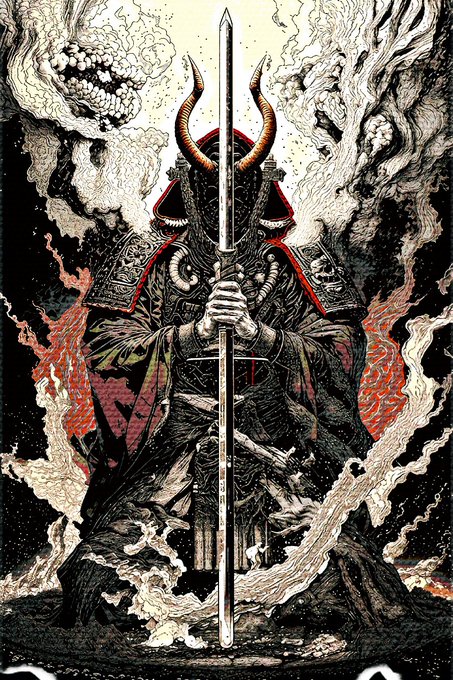 A detailed ink and colored illustration shows a horned samurai warrior holding a katana sword, surrounded by swirling smoke and flames.